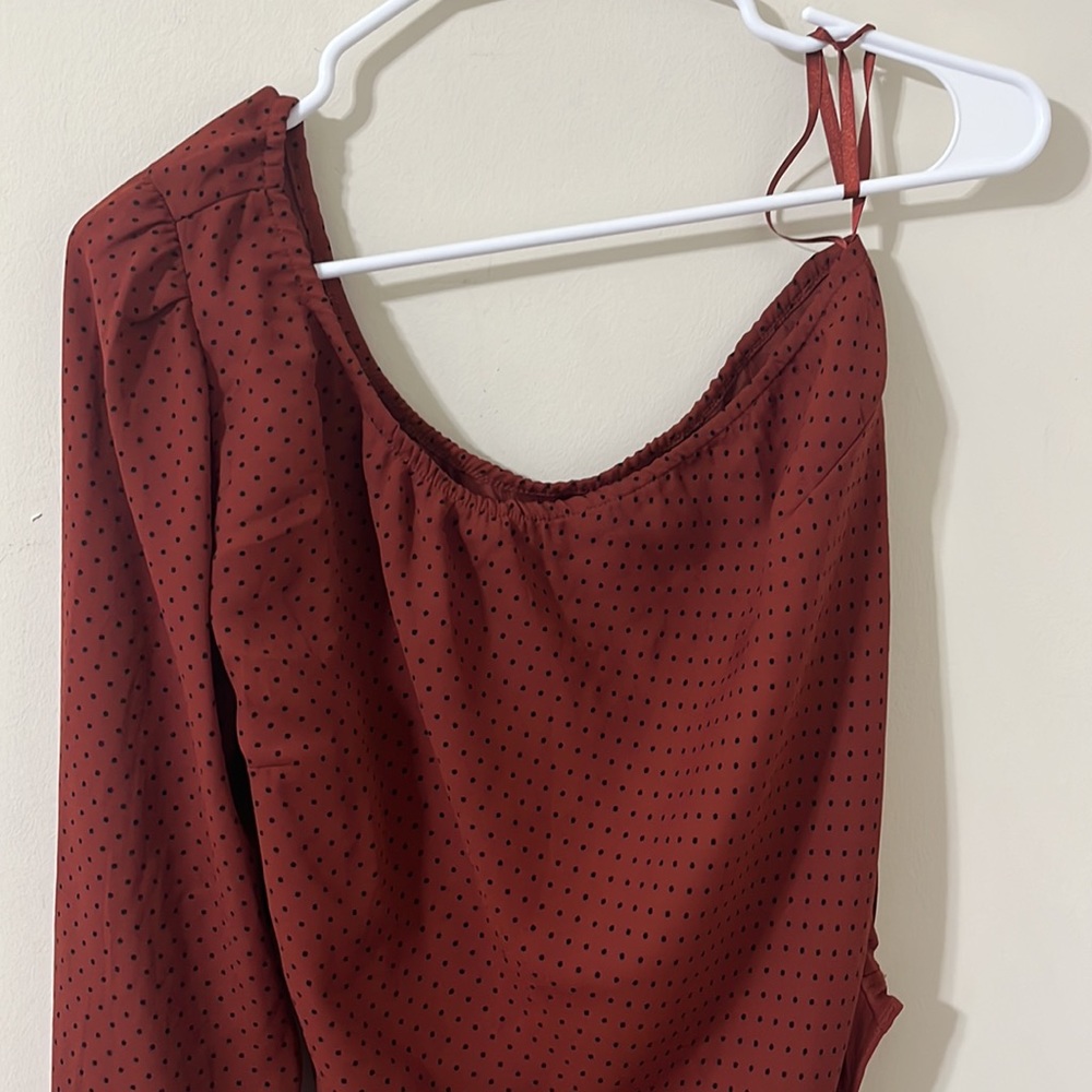 Abercrombie & Fitch One Shoulder Terracotta Polkadot Thong Ruched Bodysuit Sz L - Picture 2 of 11